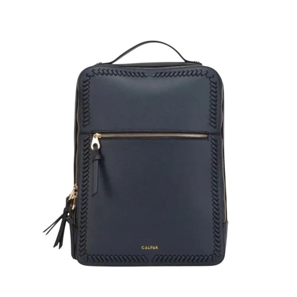 Calpak Navy Faux Leather Square Tote with Braided Trim and Gold Hardware
